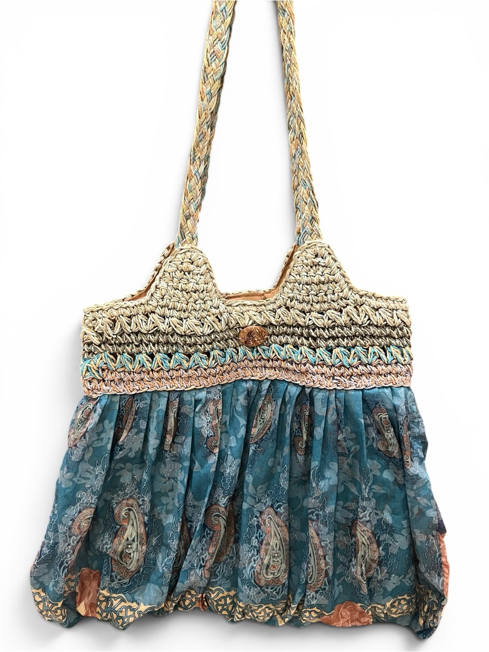 Cappelli Straworld Woven Raffia Crochet Paisley Fabric Tote Bag Boho Purse